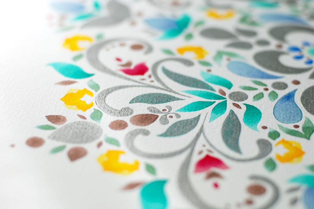 Detalle de Mandala de Mar de Plata pintado co acuarela y tintas